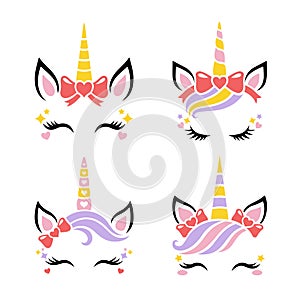 Cute unicorn face vector. Set for Valentines Day. Funny faces with heart, hair bow