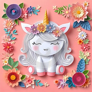Cute unicorn with flowers. Paper art style. Quilling paper decorative card