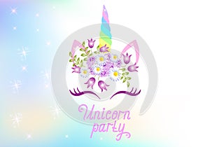 Cute unicorn with flowers wreath against the background of the iridescent universe with sparkling stars and invitation text