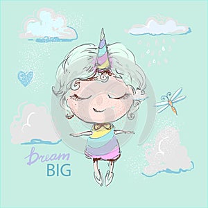 Cute unicorn girl cartoon in rainbow dress flying in clouds with dragonfly , dream big concept