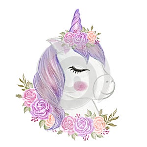 Cute unicorn girl with crown rose illustration watercolor