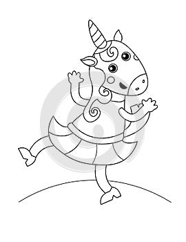 Cute unicorn girl in skirt. Black and white outline. Vector illustration. Icon on isolated background for design.