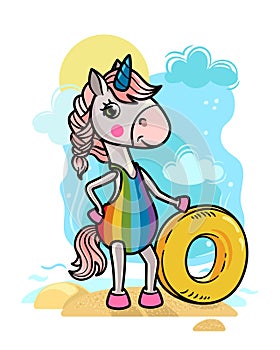 Cute unicorn girl stands with an inflatable swimming circle on the beach on a background of blue sky and sun.