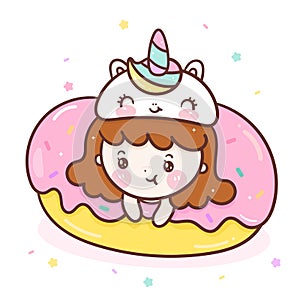 Cute unicorn girl vector sweet donut yummy food pony child muffin Kawaii cartoon