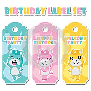 Cute unicorn girls on birthday cake background vector cartoon illustration for birthday label set design