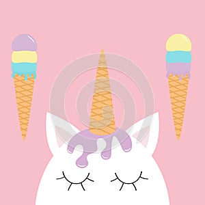 Cute unicorn head face. Ice cream set. Wafer cone horn. Flat lay design. Pastel color. Cute cartoon kawaii baby character. Funny w