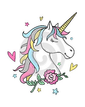 Cute unicorn head with flowers, hearts and stars. Cartoon character. Doodle vector illustration for kid poster, label, greeting
