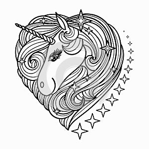 Cute Unicorn head with a long mane. Black and white vector illustration for coloring book.