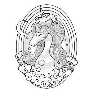 Cute unicorn head and rainbow. Black and white linear illustration for coloring. Vector