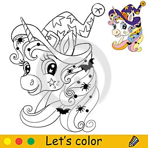 Cute unicorn head in witches hat coloring book Halloween