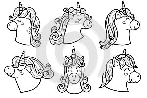 Cute unicorn heads outline collection. Magic horse characters black and white set