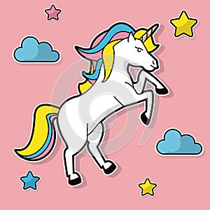 Cute unicorn horn rainbow cloud stars pink background