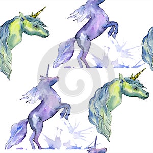 Cute unicorn horse animal horn character. Watercolor background illustration set. Seamless background pattern.