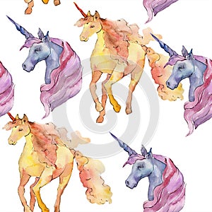 Cute unicorn horse animal horn character. Watercolor background illustration set. Seamless background pattern.