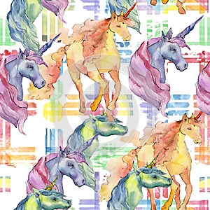 Cute unicorn horse animal horn character. Watercolor background illustration set. Seamless background pattern.