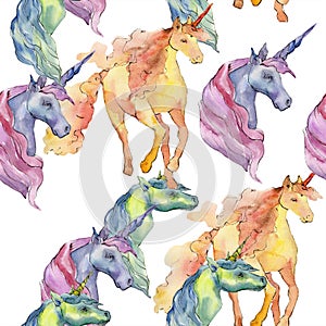 Cute unicorn horse animal horn character. Watercolor background illustration set. Seamless background pattern.