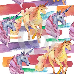 Cute unicorn horse animal horn character. Watercolor background illustration set. Seamless background pattern.