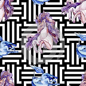 Cute unicorn horse. Fairytale children sweet dream. Watercolor background illustration set. Seamless background pattern.