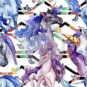 Cute unicorn horse. Fairytale children sweet dream. Watercolor background illustration set. Seamless background pattern.