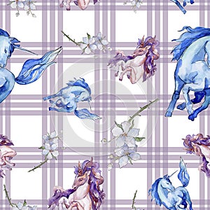 Cute unicorn horse. Fairytale children sweet dream. Watercolor background illustration set. Seamless background pattern.