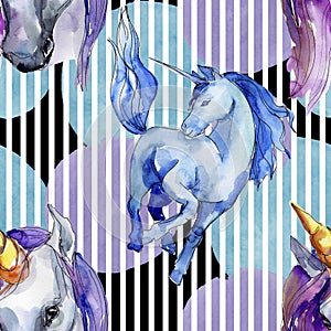 Cute unicorn horse. Fairytale children sweet dream. Watercolor background illustration set. Seamless background pattern.