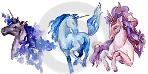 Cute unicorn horse. Fairytale children sweet dream. Watercolor background set. Isolated unicorn illustration element.