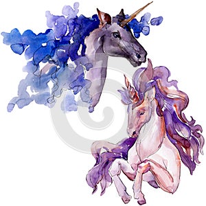 Cute unicorn horse. Fairytale children sweet dream. Watercolor background set. Isolated unicorn illustration element.