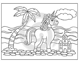 Cute unicorn horse, fantastic castle and palm tree, sketch. Illustration for children\'s coloring book, coloring page