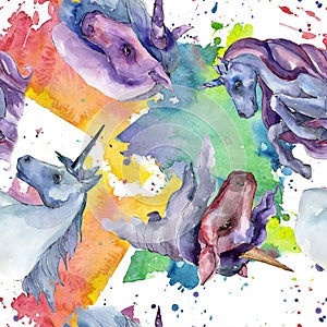 Cute unicorn horse. Rainbow animal horn character. Watercolor background illustration set. Seamless background pattern.