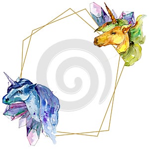 Cute unicorn horse. Watercolor background illustration set. Watercolour frame border ornament square.