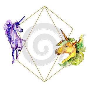 Cute unicorn horse. Watercolor background illustration set. Watercolour frame border ornament square.