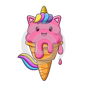 Cute Unicorn Ice Cream Cartoon. Food Icon Concept. Flat Cartoon Style. Suitable for Web Landing Page, Banner, Flyer, Sticker, Card