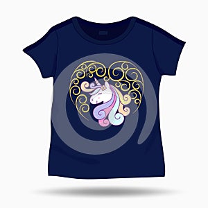 Cute Unicorn illustration on T Shirt kids template