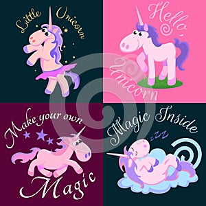 Cute unicorn isolated set, magic pegasus flying with wing and horn on rainbow, fantasy horse vector illustration, myth