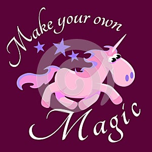 Cute unicorn isolated set, magic pegasus flying with wing and horn on rainbow, fantasy horse vector illustration, myth