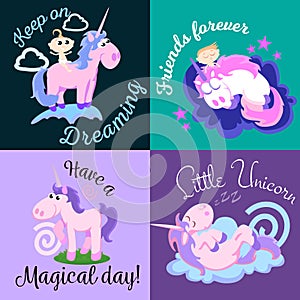 Cute unicorn isolated set, magic pegasus flying with wing and horn on rainbow, fantasy horse vector illustration, myth