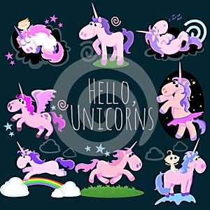 Cute unicorn isolated set, magic pegasus flying with wing and horn on rainbow, fantasy horse vector illustration, myth