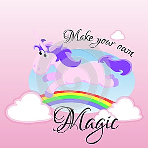 Cute unicorn isolated set, magic pegasus flying with wing and horn on rainbow, fantasy horse vector illustration, myth