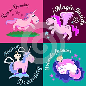 Cute unicorn isolated set, magic pegasus flying with wing and horn on rainbow, fantasy horse vector illustration, myth