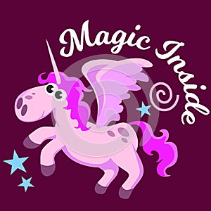 Cute unicorn isolated set, magic pegasus flying with wing and horn on rainbow, fantasy horse vector illustration, myth