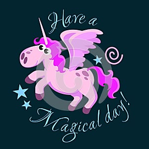 Cute unicorn isolated set, magic pegasus flying with wing and horn on rainbow, fantasy horse vector illustration, myth