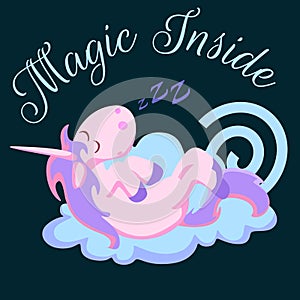 Cute unicorn isolated set, magic pegasus flying with wing and horn on rainbow, fantasy horse vector illustration, myth