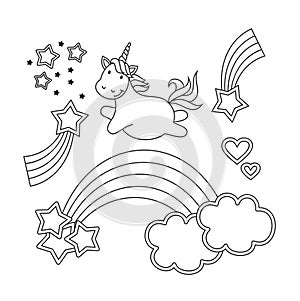 Cute unicorn linen illustration for coloring book.Isolated on white background.