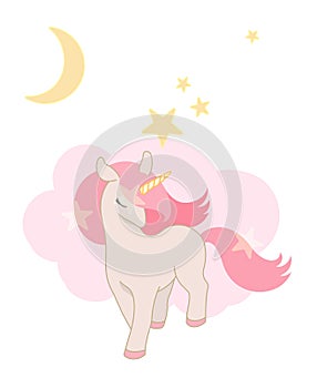 Cute Unicorn, little Pony with pink hair. Lovely graphics for t-shirts, greeting cards.