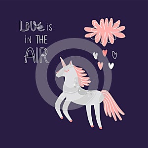 Cute unicorn. Love is in the air. Cartoon character. Valentine  card. Funny animal in flat style isolated on dark background.