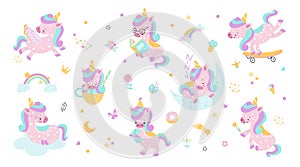 Cute unicorn magic characters. Isolated unicorns cartoon stickers. Flying and sleeping on rainbow fairy pony. Nowaday
