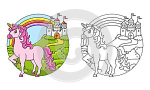 Cute unicorn. Magic fairy horse. Coloring book page for kids. Cartoon style. Vector illustration isolated on white background