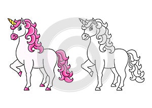 Cute unicorn. Magic fairy horse. Coloring book page for kids. Cartoon style. Vector illustration isolated on white background