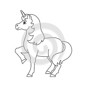 Cute unicorn. Magic fairy horse. Coloring book page for kids. Cartoon style. Vector illustration isolated on white background