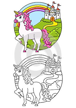 Cute unicorn. Magic fairy horse. Coloring book page for kids. Cartoon style. Vector illustration isolated on white background